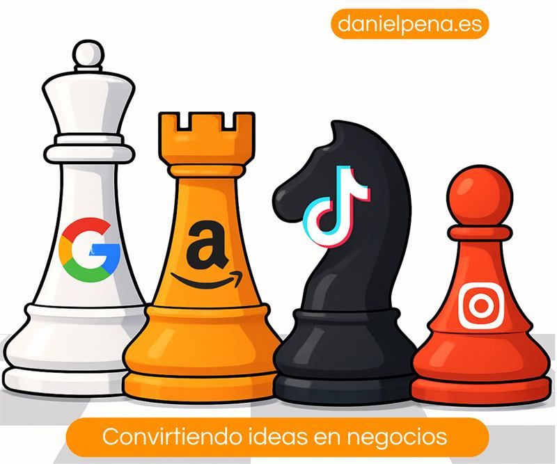 Piezas de ajedrez con los logotipos de Google, Amazon, TikTok e Instagram, bajo el lema «Convirtiendo ideas en negocios»